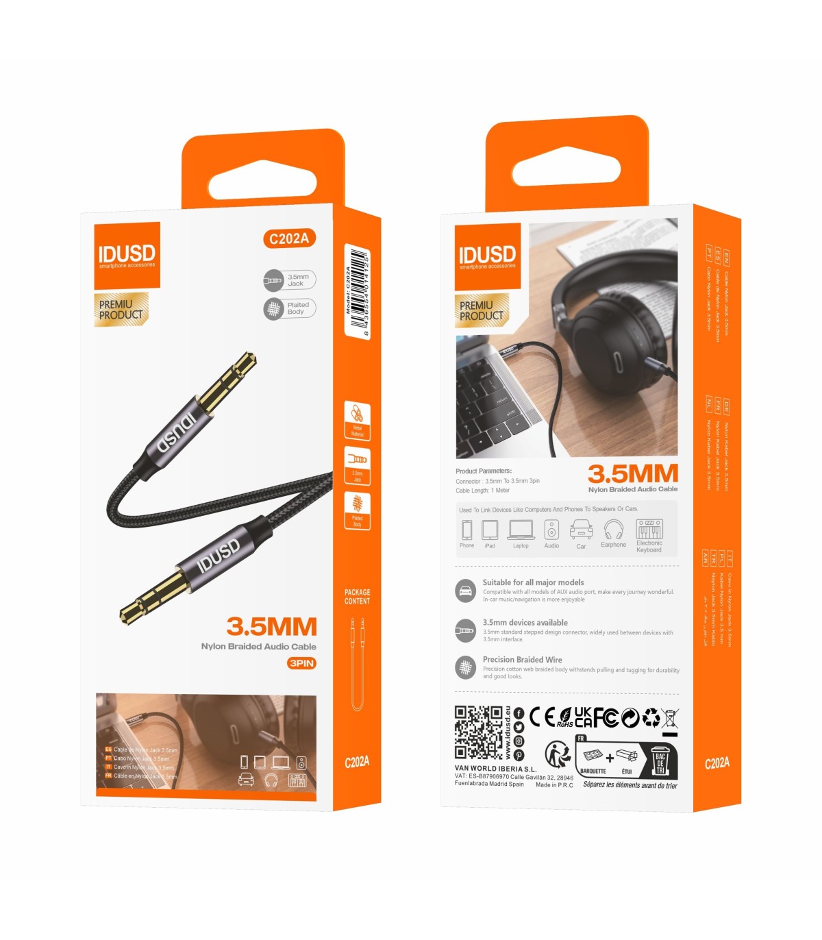 Cabo Aux Nylon Idusd 3.5mm Macho/Macho 3Pinos 1M Preto - C202A