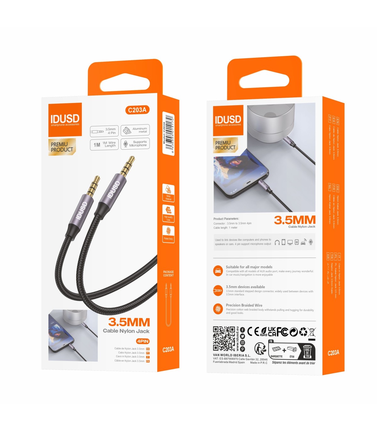 Cabo Aux Nylon Idusd 3.5mm Macho/Macho 4Pinos 1M Preto - C203A