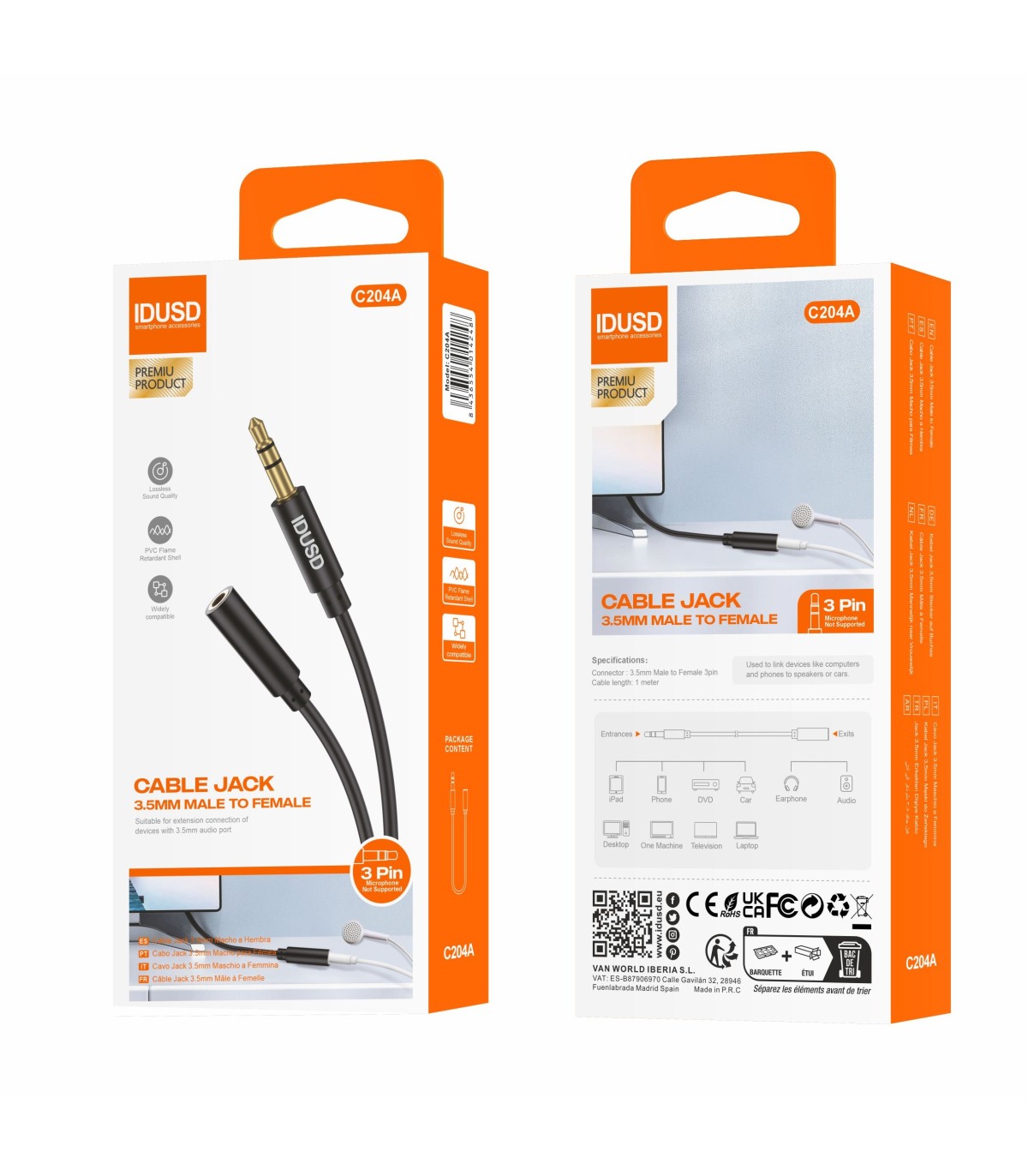 Cabo extensão Aux PVC Idusd 3.5mm Macho/Femea 3Pinos 1M Preto - C204A