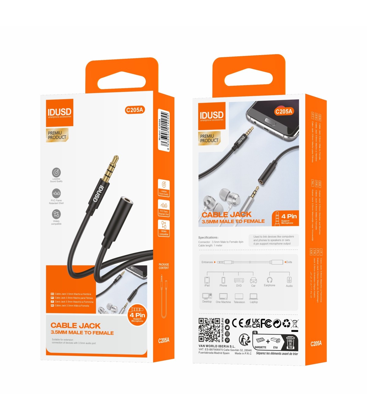 Cabo extensão Aux PVC Idusd 3.5mm Macho/Femea 4Pinos 1M Preto - C205A