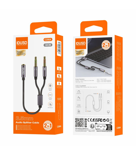 Cabo Adaptador Idusd Jack 3.5mm 1 para 2 Microfone/Audio Preto - C206A