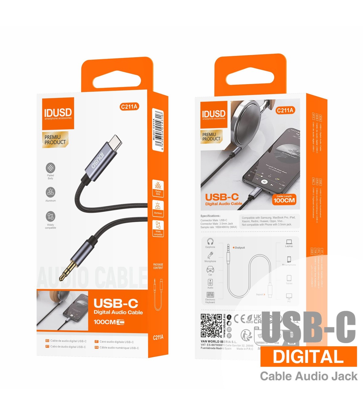 Cabo Aux Idusd Type C para Jack 3.5mm Macho/Macho 1M Preto - C211A
