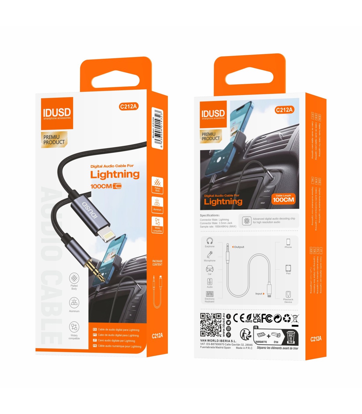 Cabo Aux Idusd Lightning para Jack 3.5mm Macho/Macho 1M Preto - C212A