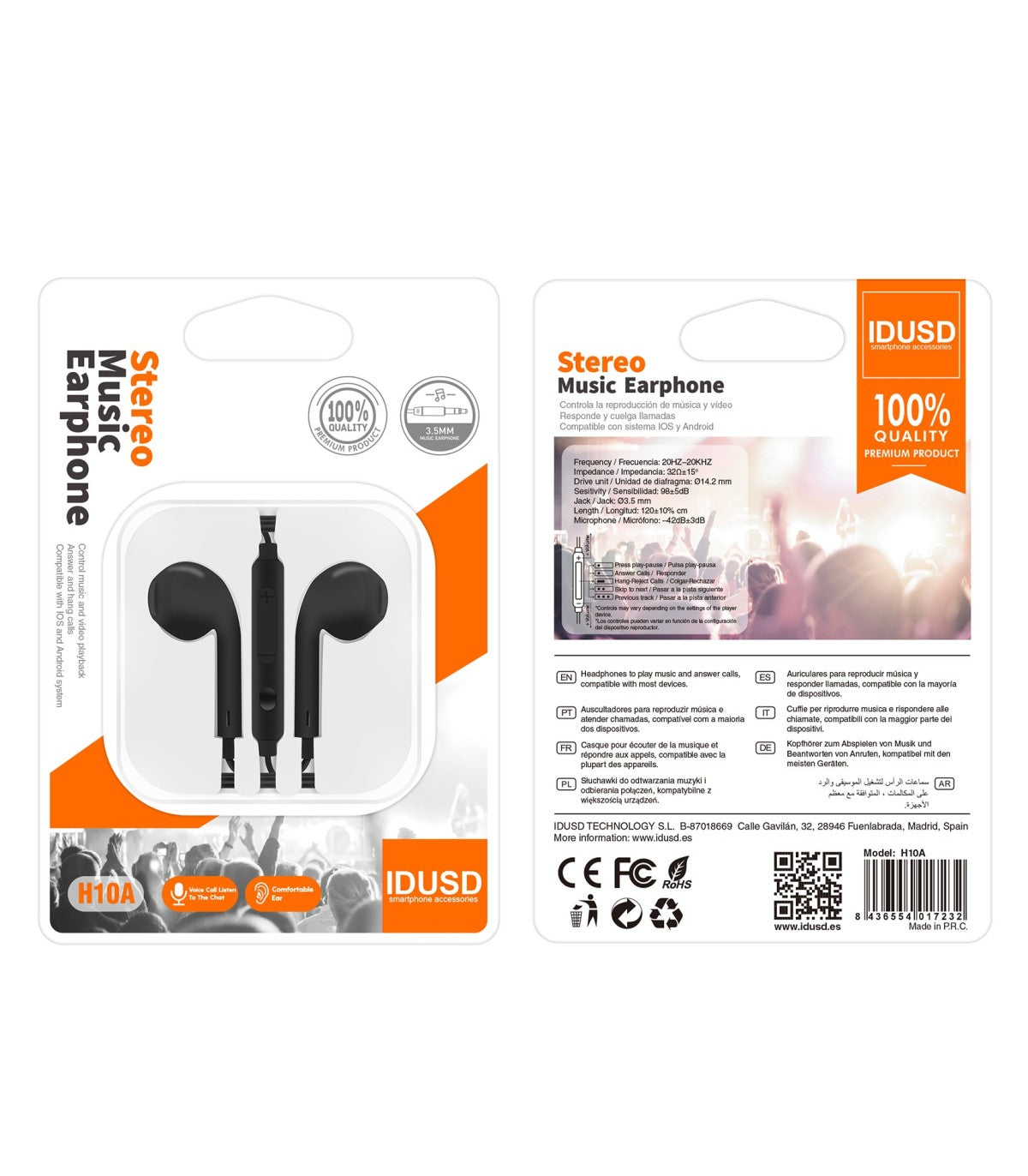 Auriculares Idusd Earphone Estereo jack 3.5mm Preto - H10A