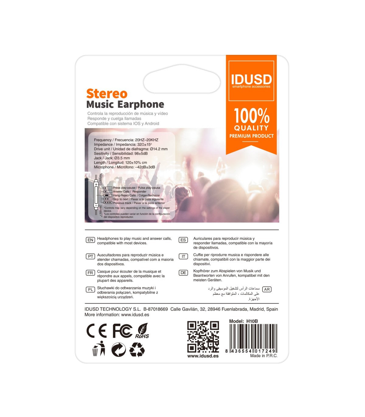 Auriculares Idusd Earphone Estereo jack 3.5mm Branco - H10B