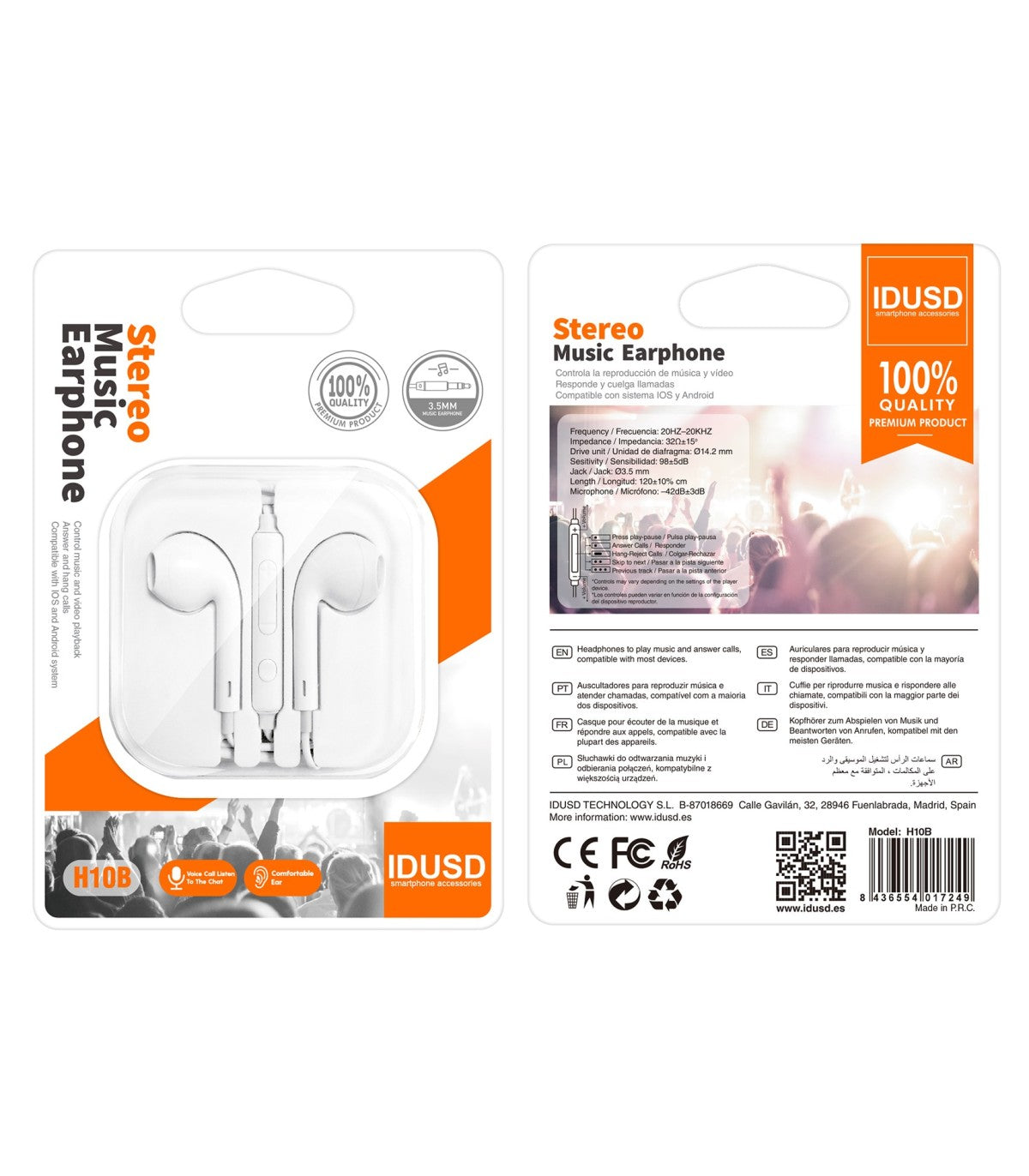 Auriculares Idusd Earphone Estereo jack 3.5mm Branco - H10B