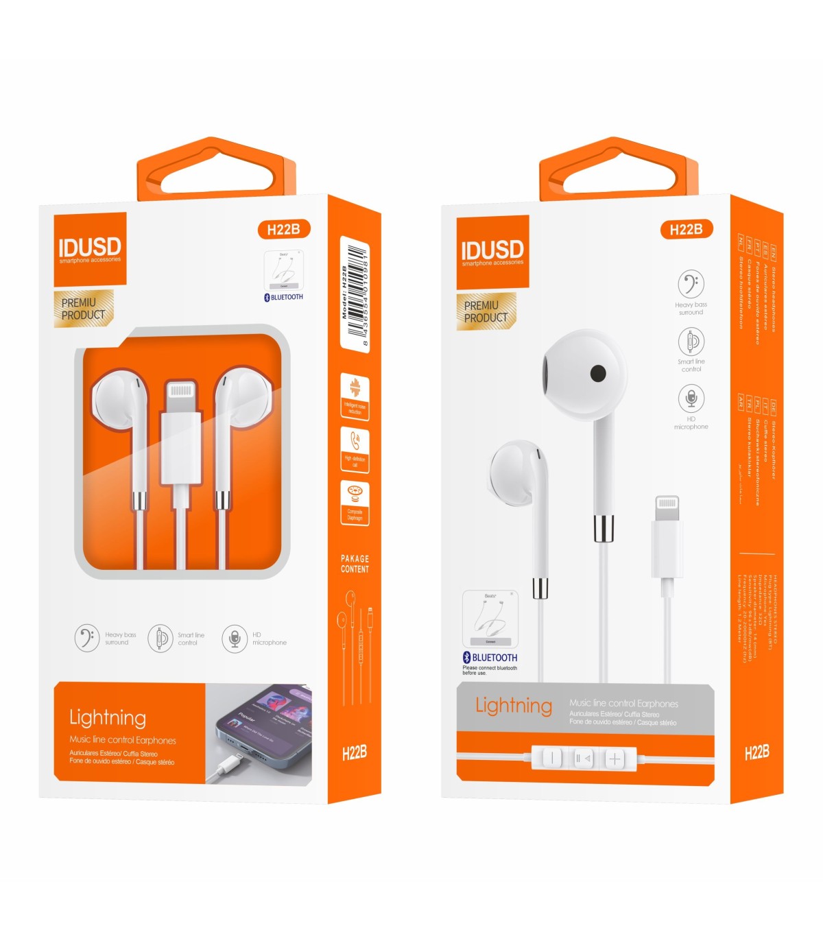 Auriculares Idusd Earphone Estereo Metal Lightning BT Branco - H22B