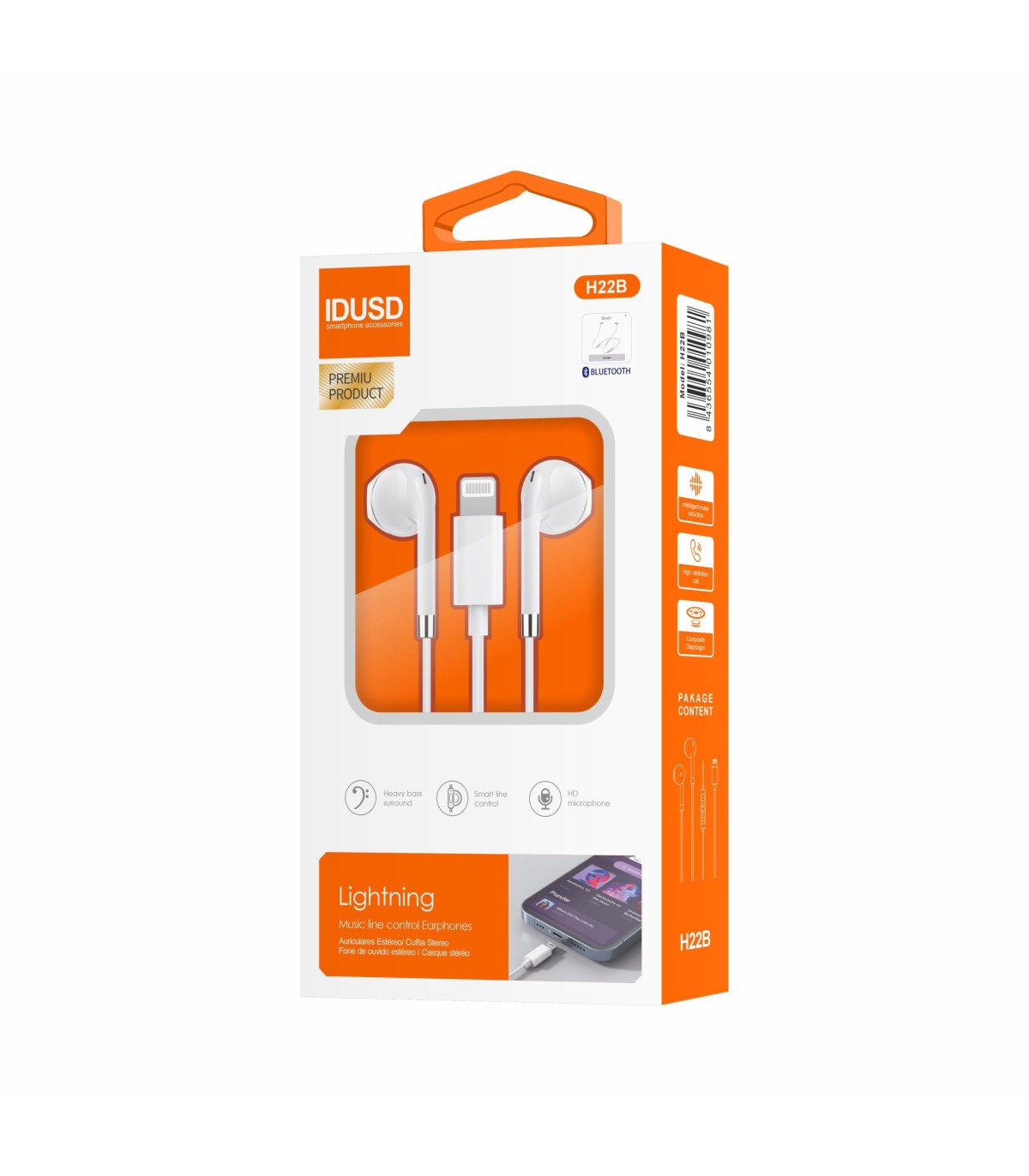 Auriculares Idusd Earphone Estereo Metal Lightning BT Branco - H22B