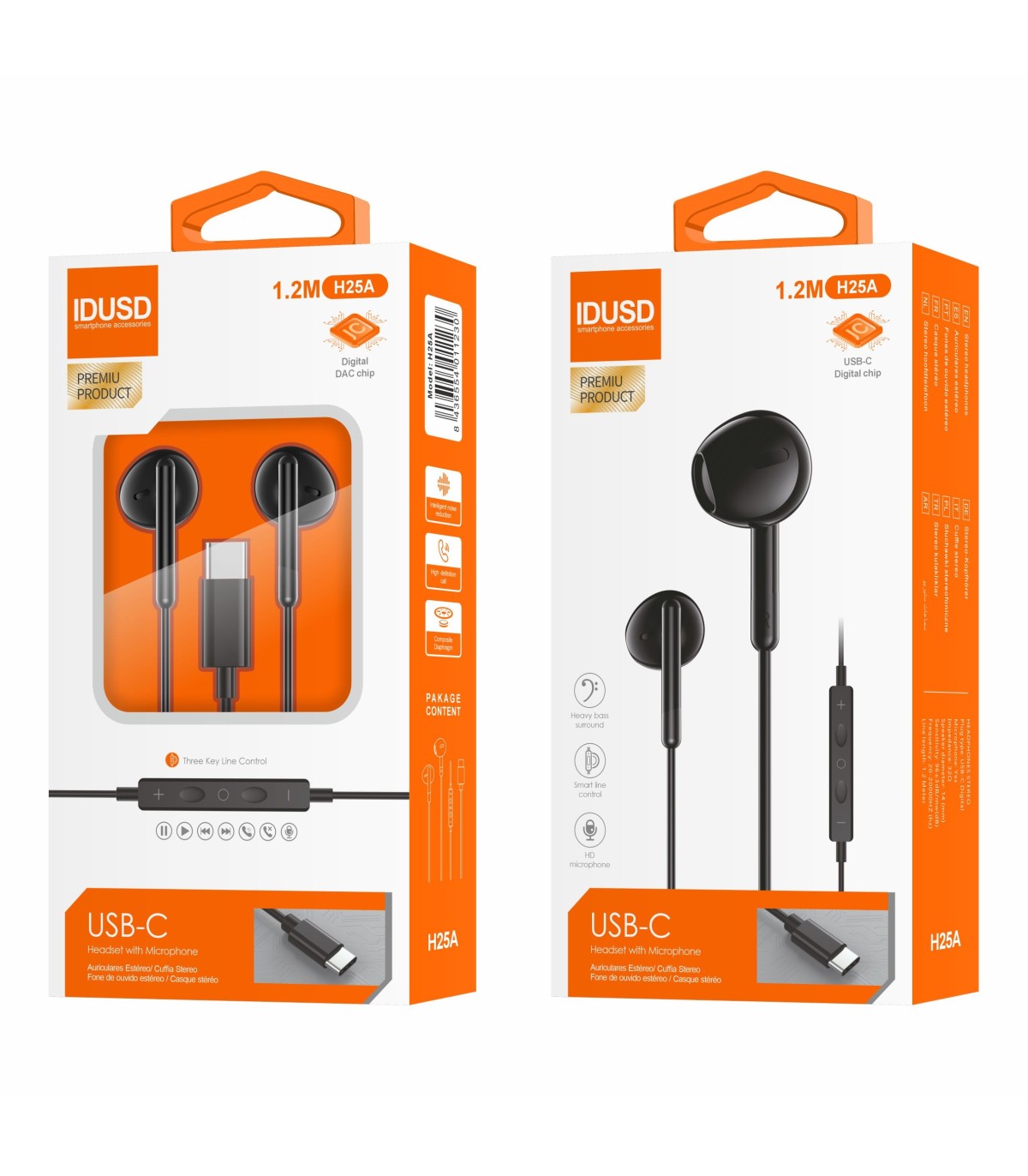 Auriculares Idusd Earphone Estereo Type C Digital Preto - H25A