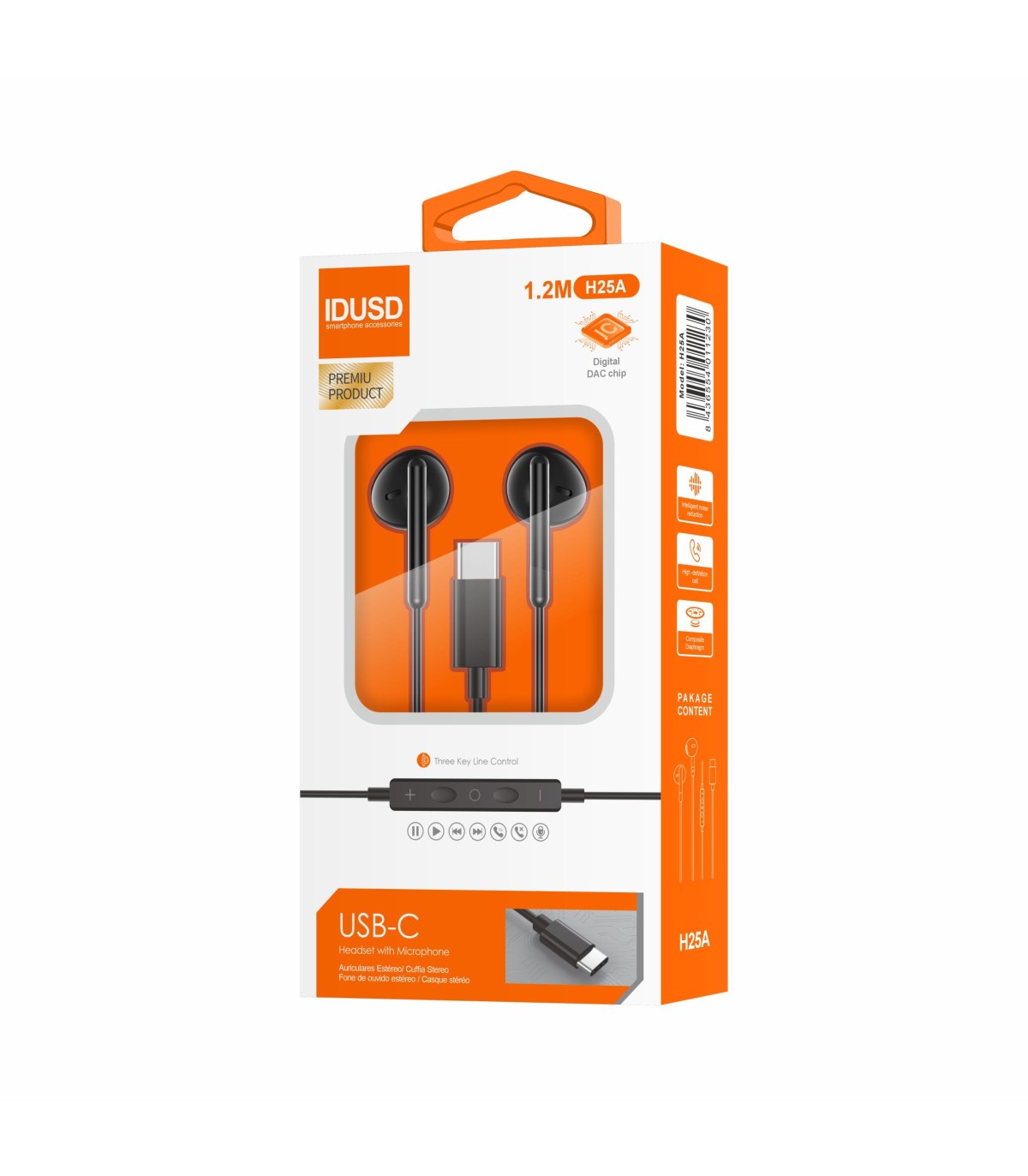 Auriculares Idusd Earphone Estereo Type C Digital Preto - H25A