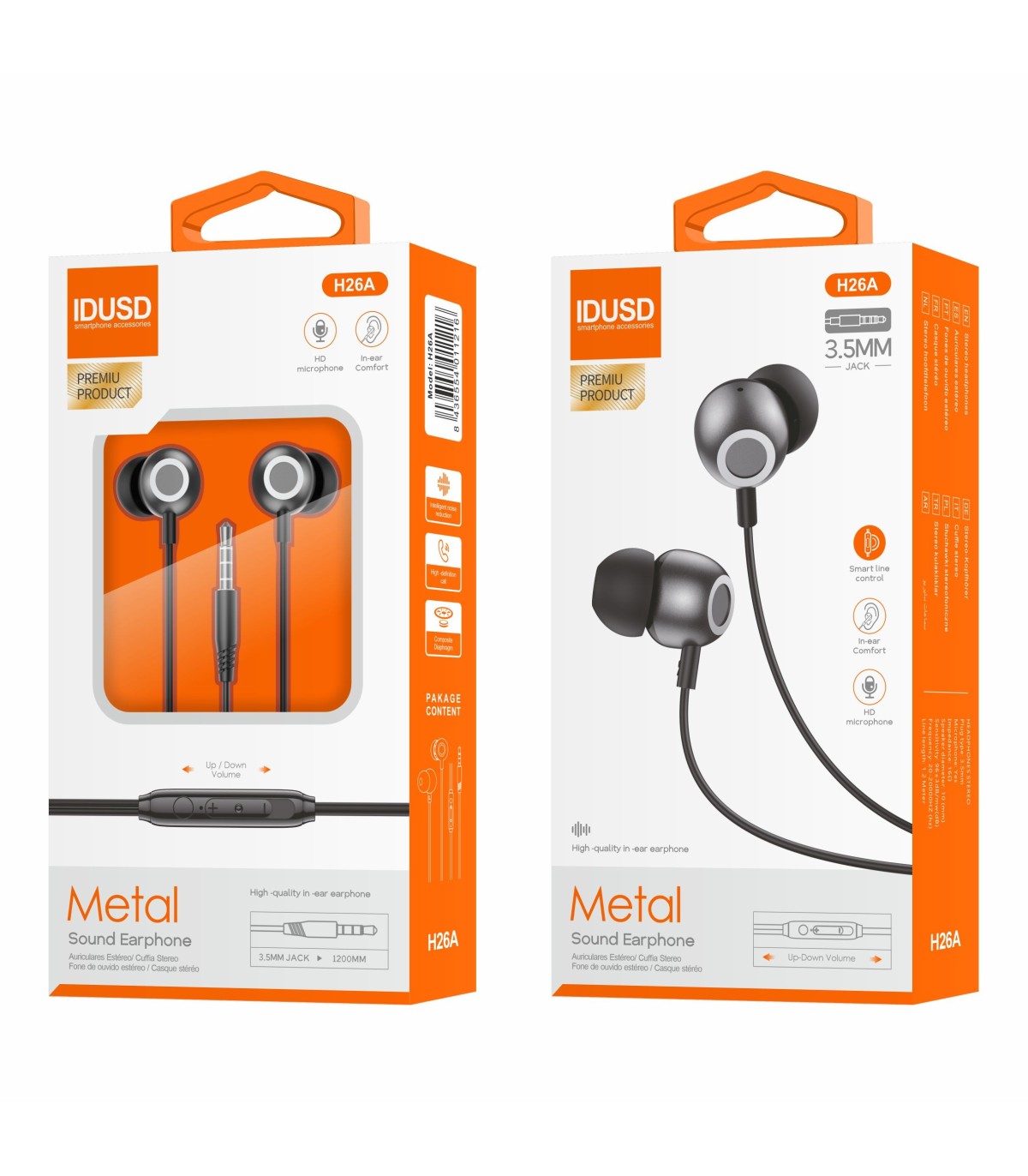 Auriculares Idusd Earphone Estereo Metal Jack 3.5mm Preto - H26A