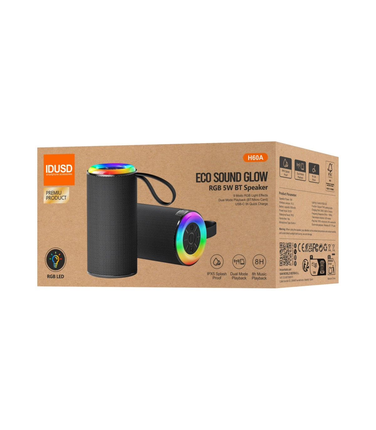 Coluna BT Idusd Eco Speaker Glow RGB 5W H60A- Preto