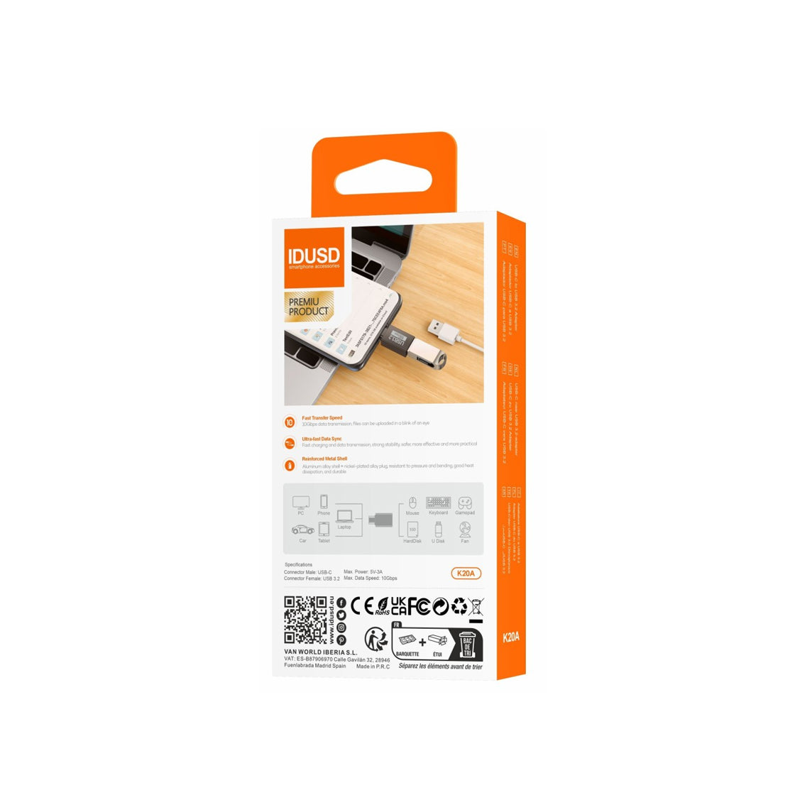 Adaptador Idusd OTG USB-C para USB 3.2 M/F Preto - K20A