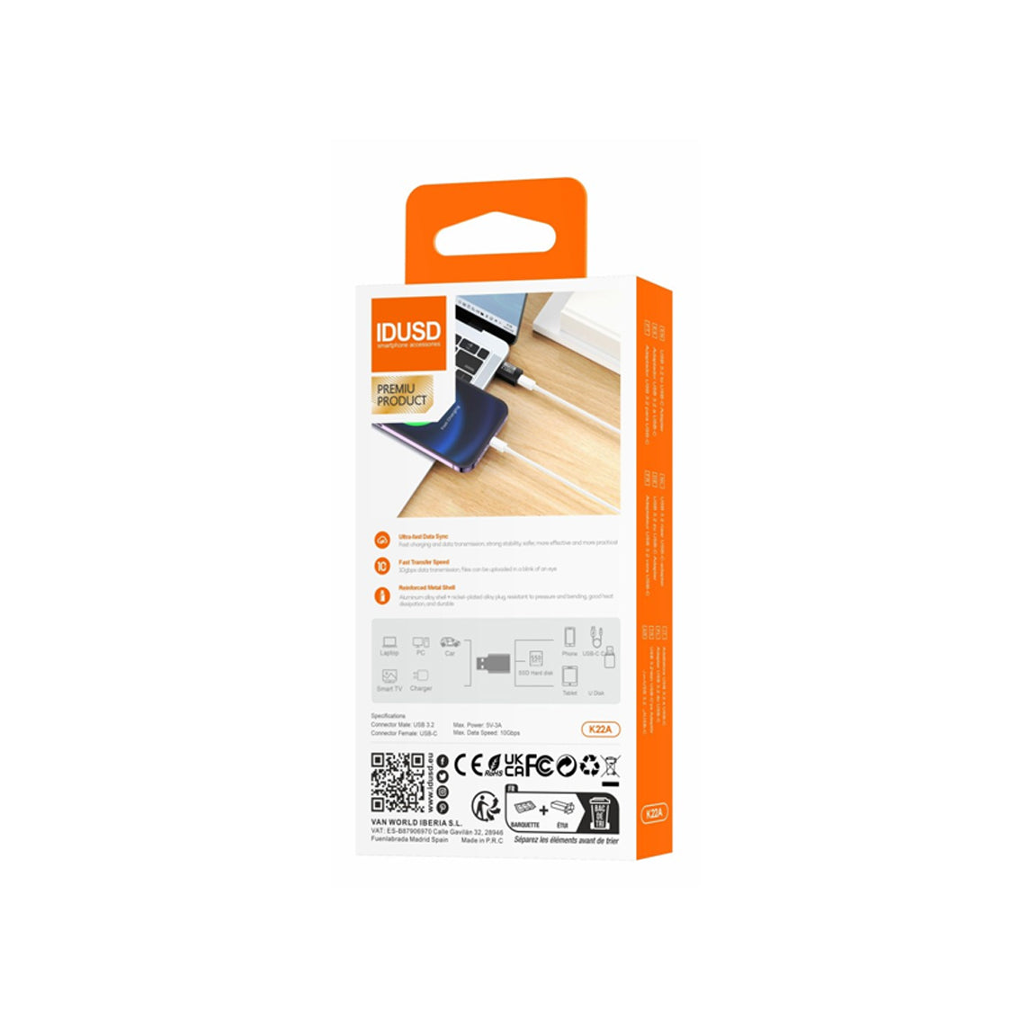 Adaptador Idusd USB-A 3.0 para USB-C 3.2 M/F Preto - K22A