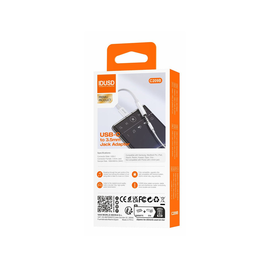 Adaptador Idusd USB-C para Jack 3,5mm Digital Branco - C209B