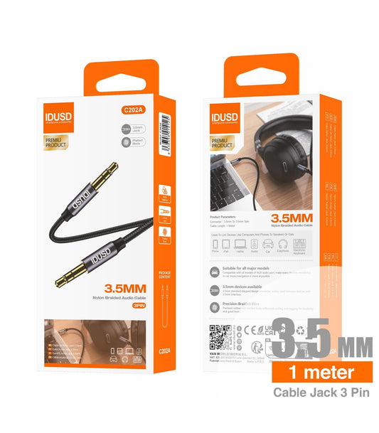 Cabo Aux Nylon Idusd 3.5mm Macho/Macho 3Pinos 1M Preto - C202A