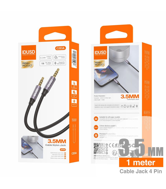 Cabo Aux Nylon Idusd 3.5mm Macho/Macho 4Pinos 1M Preto - C203A