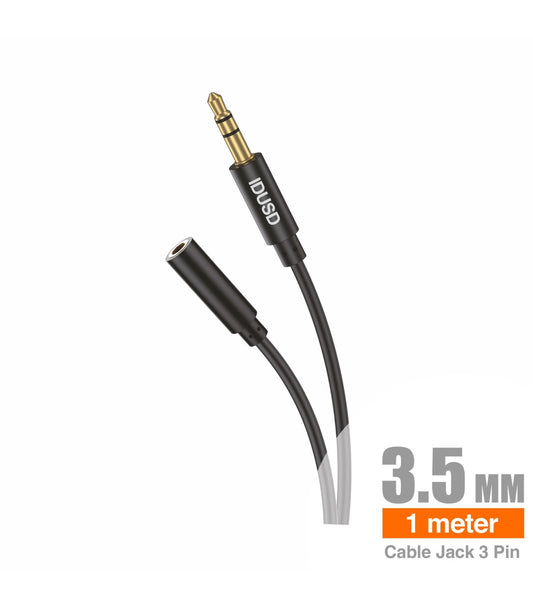 Cabo extensão Aux PVC Idusd 3.5mm Macho/Femea 3Pinos 1M Preto - C204A