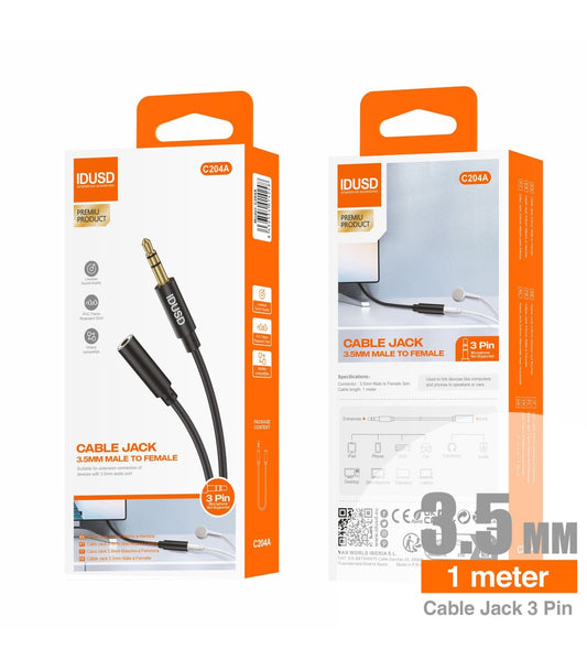 Cabo extensão Aux PVC Idusd 3.5mm Macho/Femea 3Pinos 1M Preto - C204A