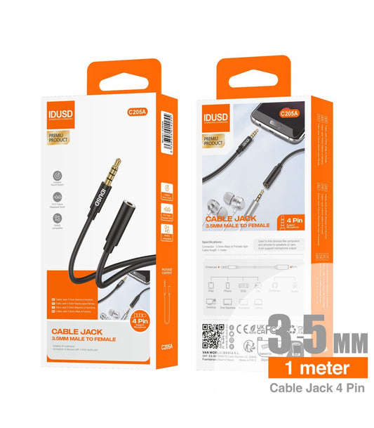 Cabo extensão Aux PVC Idusd 3.5mm Macho/Femea 4Pinos 1M Preto - C205A