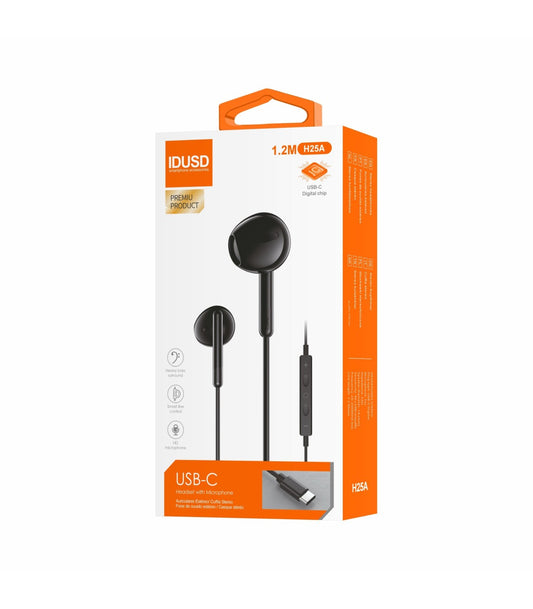 Auriculares Idusd Earphone Estereo Type C Digital Preto - H25A