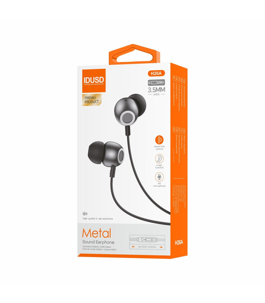 Auriculares Idusd Earphone Estereo Metal Jack 3.5mm Preto - H26A