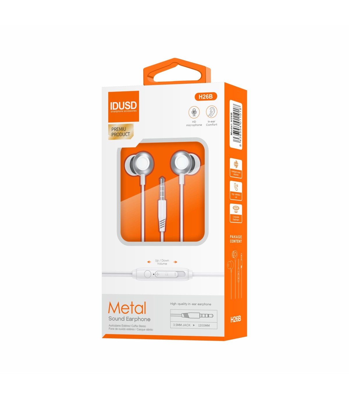 Auriculares Idusd Earphone Estereo Metal Jack 3.5mm Prateado - H26B