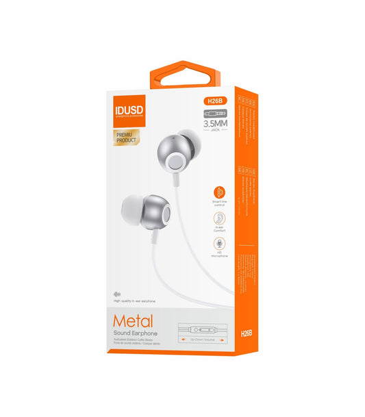 Auriculares Idusd Earphone Estereo Metal Jack 3.5mm Prateado - H26B